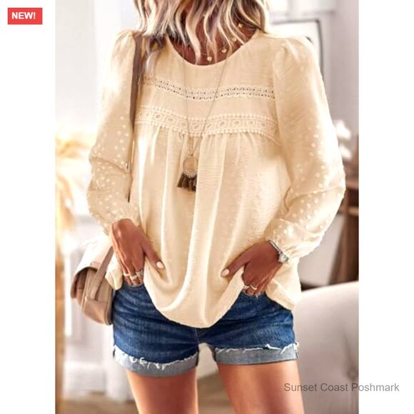 Swiss Dot Puff Sleeve Boho Top in Cream Crochet Lace Edges Coquette Spring New - Picture 5 of 7